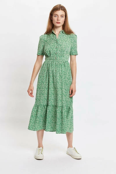 Louche Louche Colleen Micro Flower Print Short Sleeve Tiered Midi Dress-green 1 Louche Louche Colleen Micro Flower Print Short Sleeve Tiered Midi Dress-green
