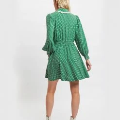 Louche Nancy Polka Dot Print Long Sleeve Mini Dress In Green