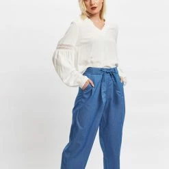 Louche Nikki V Neck Long Sleeve Blouse With Lace Trim