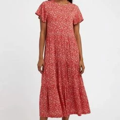 Louche Theoden Shrubbery Red Ditsy Floral Print Tiered Maxi Dress