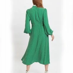Louche Sorrel Polka Dot Print Long Sleeve Midi Dress In Green