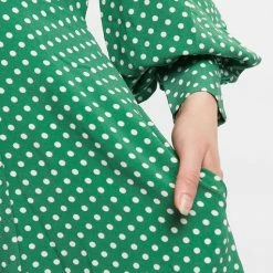 Louche Nancy Polka Dot Print Long Sleeve Mini Dress In Green