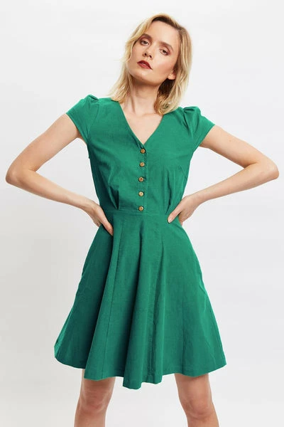 Louche Louche Cathleen Babycord Mini Tea Dress-green 1 Louche Louche Cathleen Babycord Mini Tea Dress-green