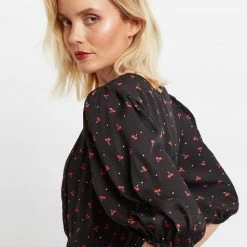 Louche Leonie Cherry Pie Print Square Neck Midi Dress-Black