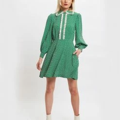 Louche Nancy Polka Dot Print Long Sleeve Mini Dress In Green