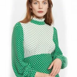 Louche Sorrel Polka Dot Print Long Sleeve Midi Dress In Green