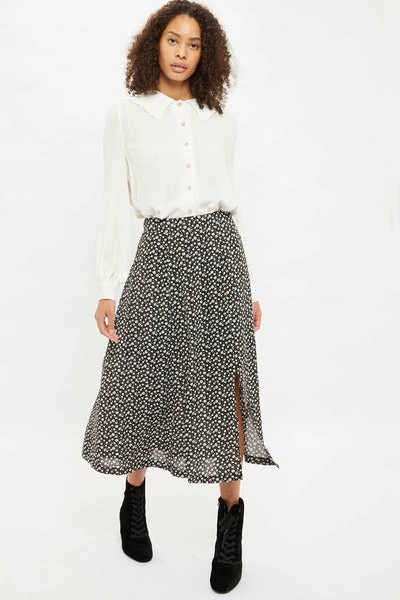 Louche Louche Kiyo Flower Spot Print Midi Skirt Black 1 Louche Louche Kiyo Flower Spot Print Midi Skirt Black