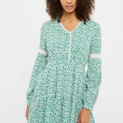 Louche Louche Noomi Mint Flower Print V Neck Long Sleeve Mini Dress-mint