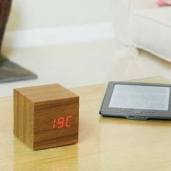 Gingko Teak Red LED Cube Click Clock