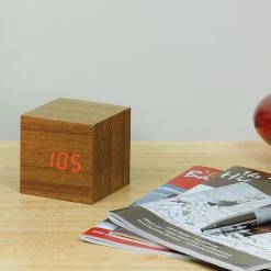 Gingko Teak Red LED Cube Click Clock