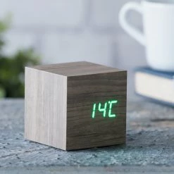 Gingko Ash Cube Click Clock With Green LED